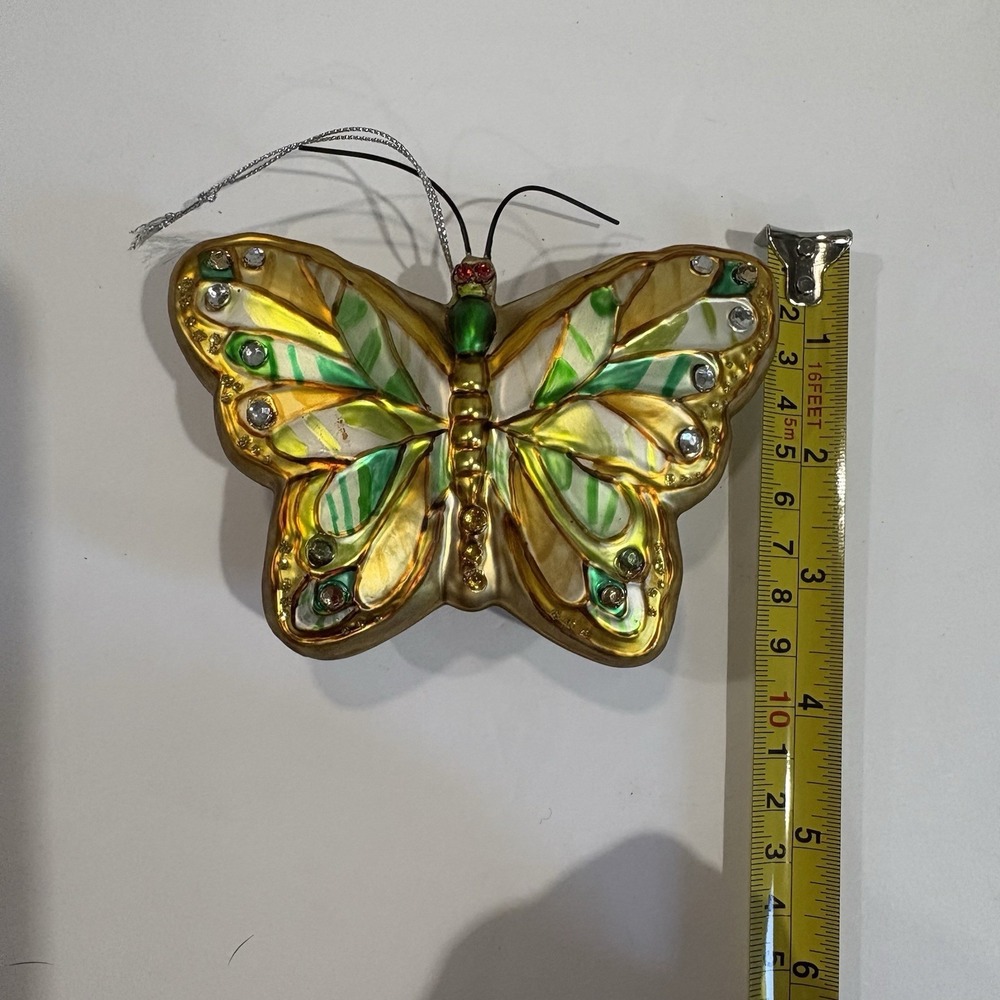Vintage Hand Blown Glass Butterfly Ornament Gold Green Jeweled Christmas Decor - Picture 7 of 7